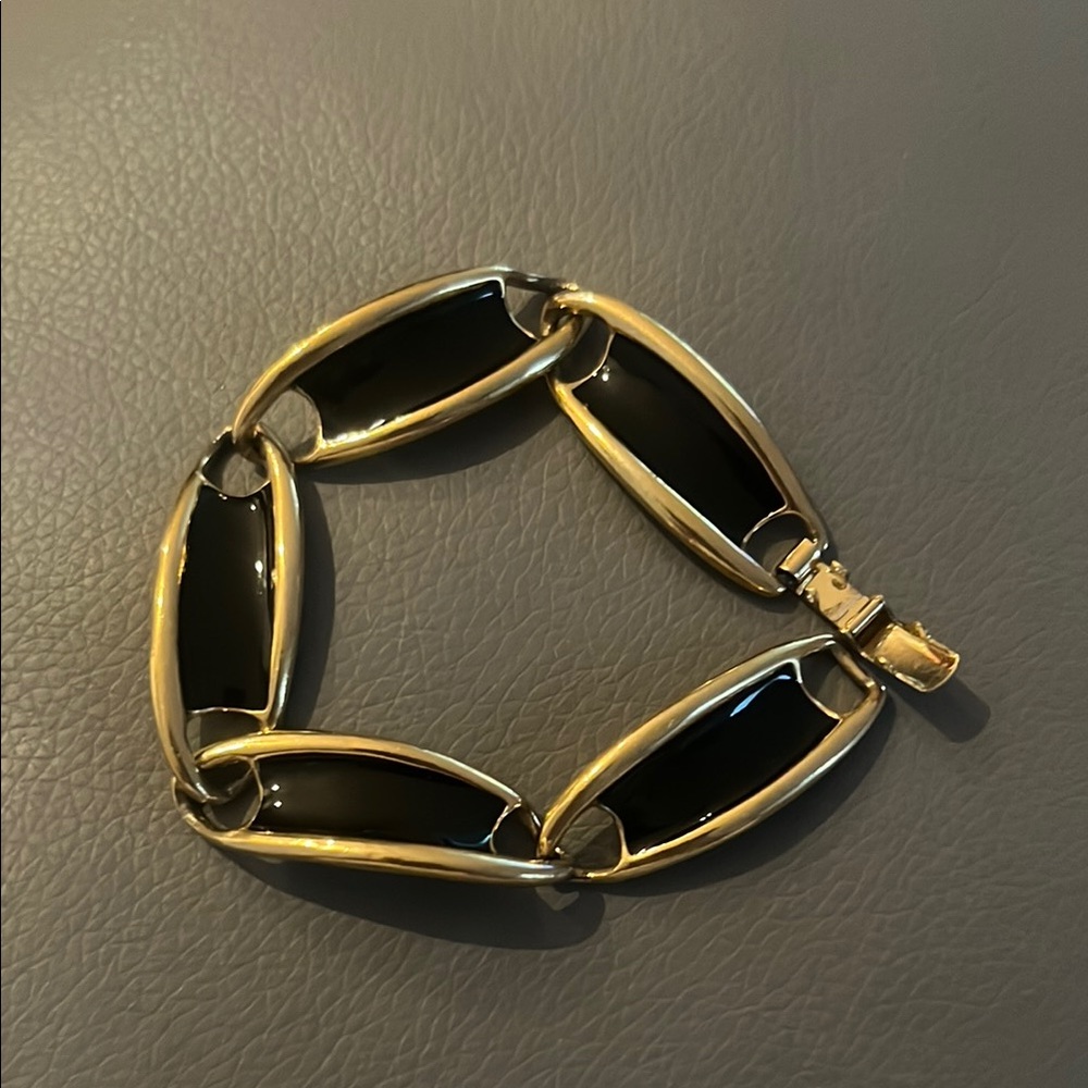 Trifari Vintage Black and Gold Enamel Link Bracelet signed